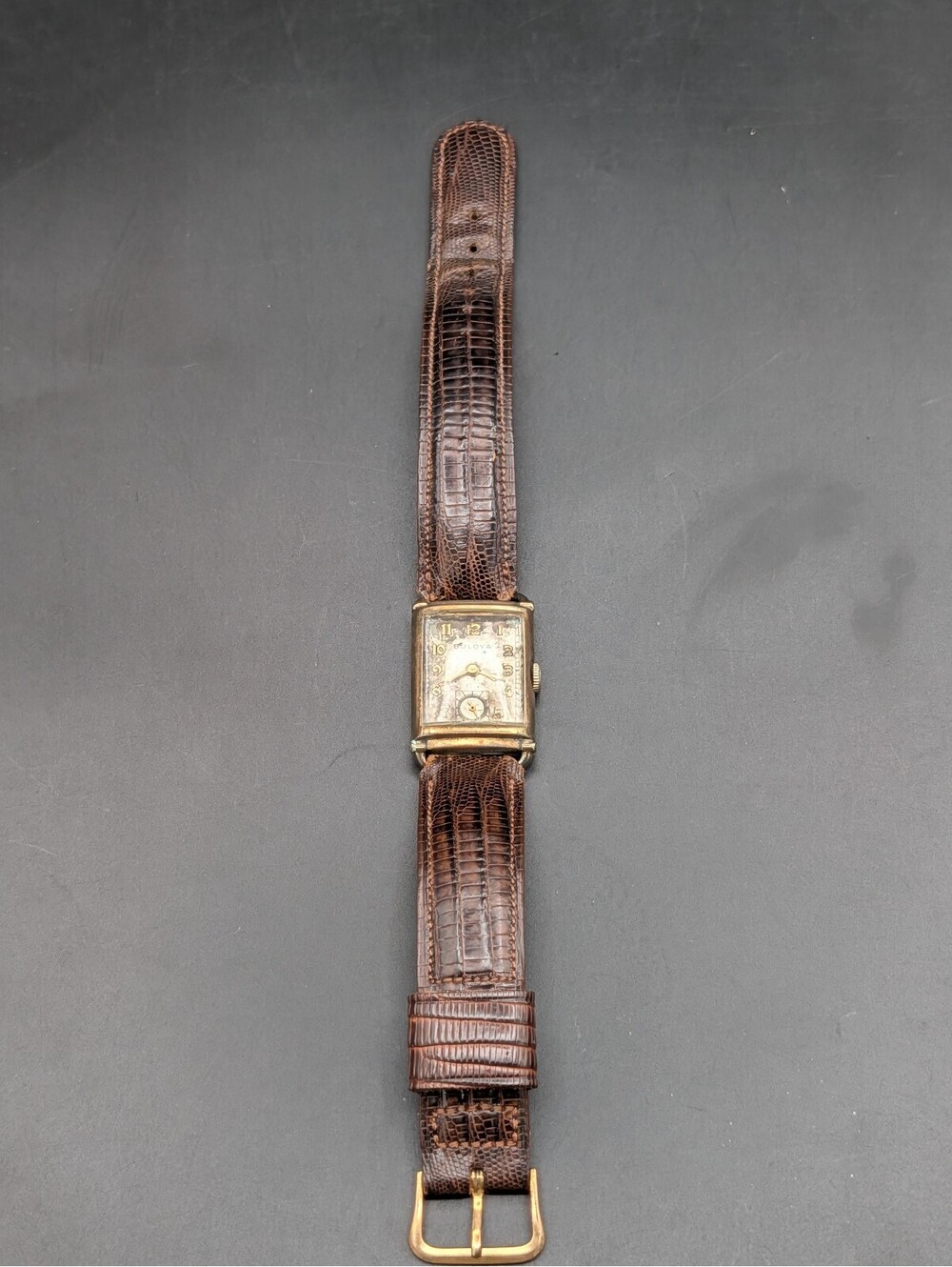 Vintage Bulova 10K Gold Filled Art Deco Rectangular Tank Watch Sub Second 1940s